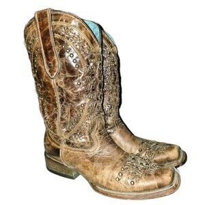 CORRAL VINTAGE Sz 9M C2918 Studded Whipstich Snip Toe Boho Western Heel Boots